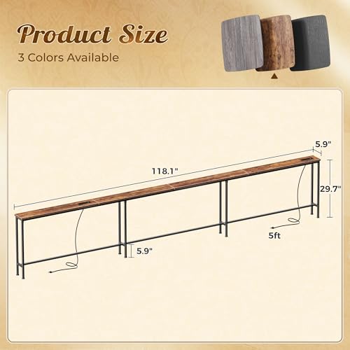 Huuger 118 Inch Sofa Table with Power Outlets and USB-C Ports, 5.9 Inch Narrow Entryway Table, Behind Couch Table with Storage, Extra-Long Console Table, Living Room, Rusitc Brown Huuger