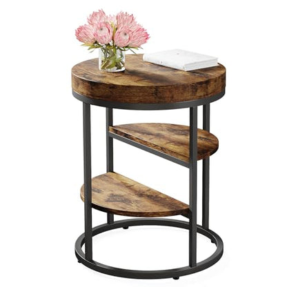 Tribesigns Round End Table, Small End Table with 3 Storage Shelves, Wood Side Table for Small Spaces, Industrial Sofa Side Table for Living Room, Rustic Brown Nightstand and Bedside Table for - WoodArtSupply