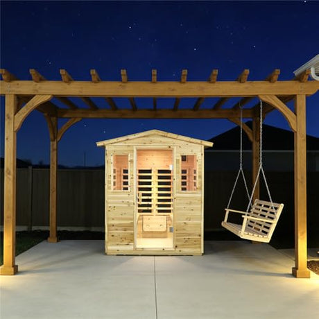 Kanlanth Outdoor Infrared Sauna with Red Light Therapy, 4 Person 2050watt Canadian Hemlock Wood Personal Sauna Room for Indoor Home, with Blue-Tooth, 4 Chromo Therapy Lighting, Control, Cup Holder Kanlanth