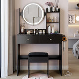 Montary 31.5" Compact Vanity Desk Set with Soft Cushion Stool, 2 AC & 2 USB Power Outlets, Hair Dryer Holder, Large Mirror, Adjustable LED Light, Drawers, Multi - Layer/Hidden Storage, Black Montary