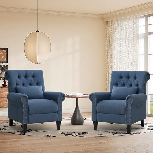 choairy Pushback Recliner Chair, Accent Push Back Chair with Adjustable Footrest, Upholstered Linen Fabric Reclining Sofa with Side Pocket, Comfy Modern Armchair for Living Room, Navy Blue