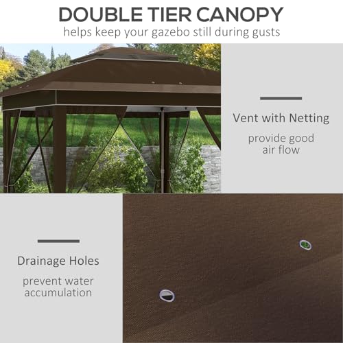 Outsunny 12' x 12' Pop Up Canopy Tent with Netting and Carry Bag, Instant Sun Shelter with 137 sq.ft Shade, Tents for Parties, Height Adjustable, for Outdoor, Garden, Patio, Dark Brown Outsunny