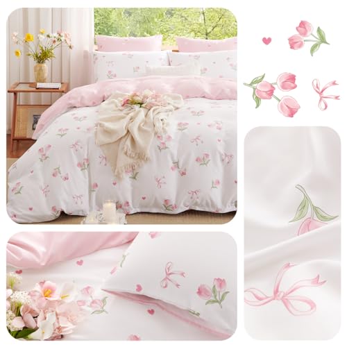 Erwinmu Floral Duvet Cover Set Twin Size,Pink Tulip Bow Ties Reversible Bedding Set with Heart Pattern for Girls Kids,Romantic Microfiber Comforter Cover 2Pcs with Zipper Closure and 1 Pillowcase Erwinmu
