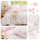 Erwinmu Floral Duvet Cover Set Twin Size,Pink Tulip Bow Ties Reversible Bedding Set with Heart Pattern for Girls Kids,Romantic Microfiber Comforter Cover 2Pcs with Zipper Closure and 1 Pillowcase Erwinmu