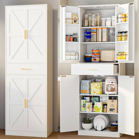 GTFURNI 71" Tall Kitchen Pantry Storage Cabinet with 4 Doors & Drawer, Adjustable Shelves, Farmhouse Cupboard, Freestanding Cabinet with Door Shelves for Dining Room/Living Space, White GTFURNI