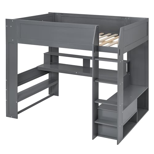 Brabrety Dark Gray Full Size Gaming Loft Bed with Desk, LED Lights and Storage Solutions - WoodArtSupply