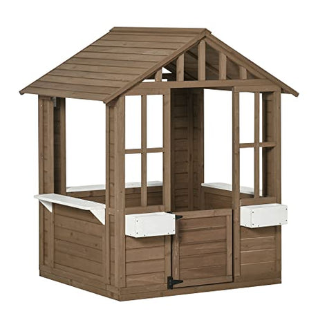 Outsunny Kids Wooden Playhouse, Outdoor Garden Games Cottage, with Working Door, Windows, Flowers Pot Holder, 47" x 38" x 54" Outsunny