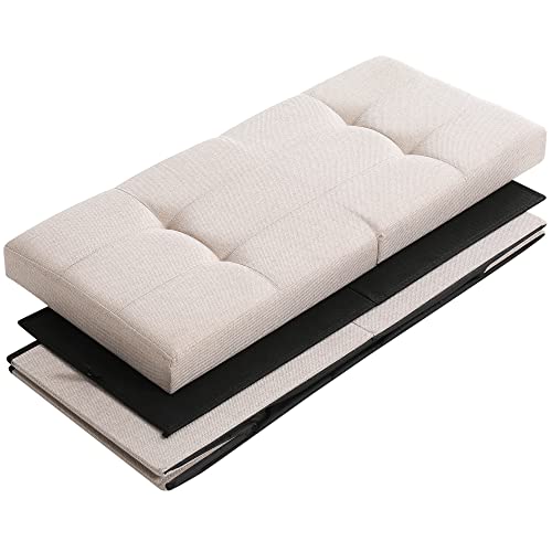 CUYOCA Storage Ottoman Bench Foldable Seat Footrest Shoe Bench End of Bed Storage with Flipping Lid, 75L Storage Space, 30 inches Linen Fabric Beige CUYOCA