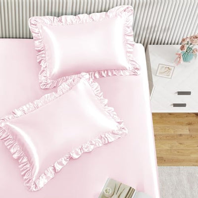 Homiest 2-Pieces Ruffle Pillow Case & Satin Fitted Sheet Set, Blush Pink Twin Satin Sheets with Ruffled Pillow Shams, 15 Inch Deep Pocket, Cute & Coquette Silk-Like Bed Set for Decorating Bedroom