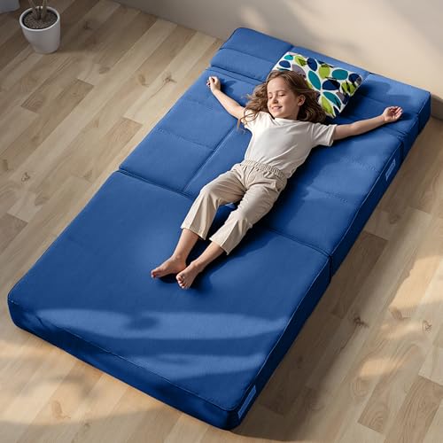 ARTPLAN Fold Sofa Bed-Sleeper Single with Pillow, Modern Futon Sleeper Chair Guest Bed with Washable Linen Cover, Foldable Mattress for Living Room, Dorm, Apartment,Dark Blue ARTPLAN