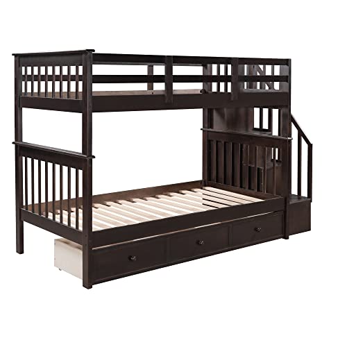 Harper & Bright Designs Twin Over Twin Bunk Bed with Stairs and Drawers, Solid Wood Stairway Bunk Bed with Storage for Kids Teens Adults, Bedroom, Dorm (Espresso) Harper & Bright Designs