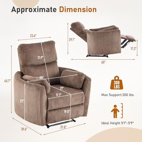 Furnimart Oversized Manual Recliner Chair for Adults, 30" Extra-Wide Corduroy Recliner with Chunky Cushion, High Back & Padded Armrests, Comfy Chair for Living Room, Bedroom, Home Heater(Brown) Furnimart
