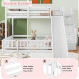 MoproBeti Twin Over Full Bunk Bed with Slide and Storage Stairs, Pine Wood Floor Kids Bunk Beds with Safety Fence Guardrails and Door for Girls Boys, White MoproBeti