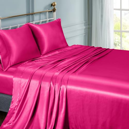 Vonty Satin Sheets Queen Size Silky Soft Satin Bed Sheets Hot Pink Sheet Set, 1 Deep Pocket Fitted Sheet + 1 Flat Sheet + 2 Pillowcases Vonty