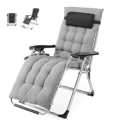 NEWBULIG Zero Gravity Chair, Folding Patio Recliner with Removable Cushion & Cup Holder Trays, Portable Lounge Chair for Beach & Camping, Classic Grey