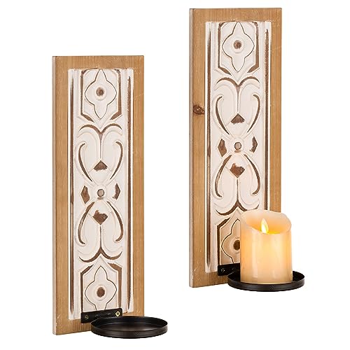 Sziqiqi Wood Rustic Candle Wall Sconces for Farmhouse - Set of 2 Wooden Candle Sconces for Pillar Candles Vintage Wall Candle Holder for Fireplace Mantle Decor - WoodArtSupply