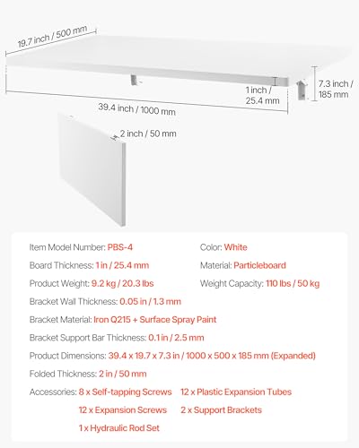 VEVOR Wall Mounted Folding Table, 39.4 x 19.7 inches Wall Mount Table, Floating Desk with Iron Bracket for Small Spaces, Home Office, Dining, Laundry Room, Kitchen, Bar, White VEVOR