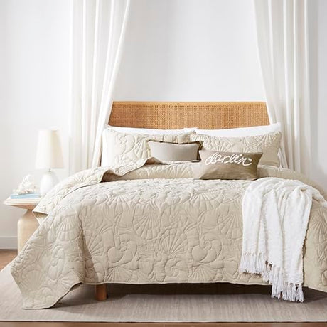 WDCOZY Coastal Beach Beige Twin Size Quilt Bedding Sets, Nautical Tropical Ocean Bedspread, Scallop Seashell Soft Coverlet, Lightweight Summer Thin Comforter for All Season WDCOZY