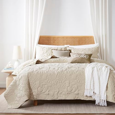 WDCOZY Coastal Beach Beige Twin Size Quilt Bedding Sets, Nautical Tropical Ocean Bedspread, Scallop Seashell Soft Coverlet, Lightweight Summer Thin Comforter for All Season