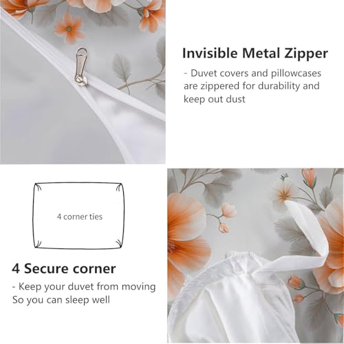 WIVCOMD Warm Orange Printed Duvet Cover Set - Modern Minimalist Bedding with 1 Pillowcases, Watercolor Wildflowers Soft Easy Care Microfibre Quilt Cover, Twin WIVCOMD