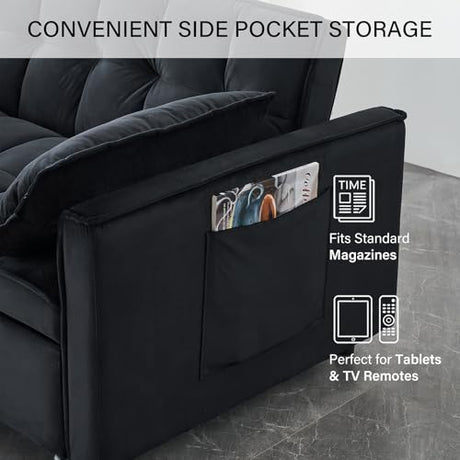 3 in 1 Convertible Sleeper Sofa Bed, Velvet Loveseat Futon Pull-Out Couch with Adjustable Reclining Backrest, Side Pockets and Pillows for Living Room, Bedroom, Apartment, Small Spaces (Black-Velvet) Ehsovlnut