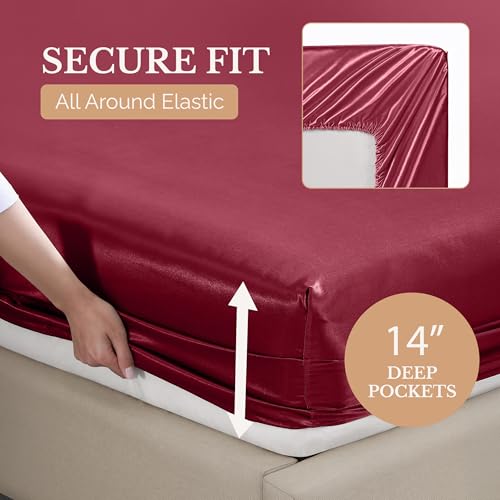 Casa Platino King Satin Sheet Set - Super Soft Cooling King Sheets Set with 15 Inch Deep Pocket Fitted Sheet, Helps Prevent Hair Frizz & Breakouts, Silky Smooth, Fade-Resistant - Burgundy Red Casa Platino