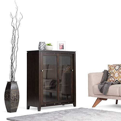 SIMPLIHOME Cosmopolitan SOLID WOOD 36 Inch Wide Contemporary Medium Storage Cabinet in Mahogany Brown, For the Living Room, Entryway and Family Room - WoodArtSupply