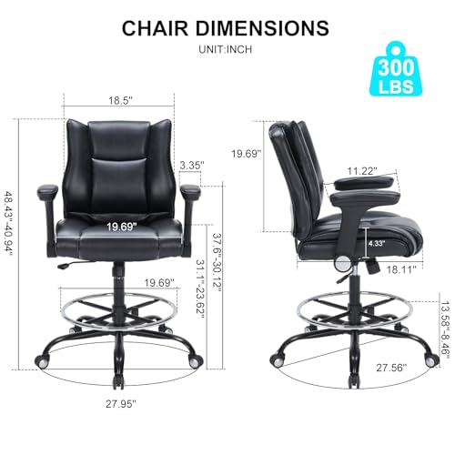 OLYFING Drafting Chair, Tall Office Chair with Padded Adjustable Arms and Footring PU Leather Standing Desk Chair with Extra Thicken Seat Cushion, Comfy High Office Chair for Counter Height Desk OLYFING