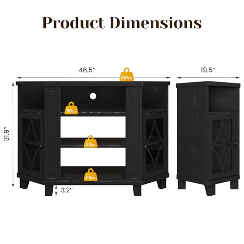FansaFurn Corner TV Stands with 18'' Fireplace, Media Console Table with Adjustable Shelves & Acrylic Doors, Entertainment Center for TVs up to 55'', Corner Cabinet for Living Room, Bedroom, Black FansaFurn