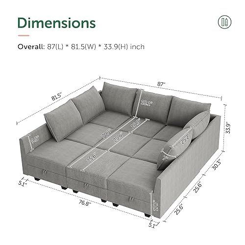 HONBAY Modular Sectional Sofa with Storage, Sleeper Sectional Sofa Modular Sectional Couch for Living Room, Grey