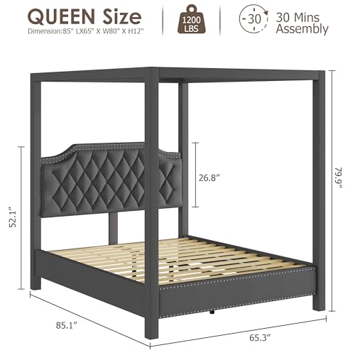 GarveeHome Upholstered Canopy Bed Frame Queen Size with Headboard, Button Tufted, Nailhead Trim Design, No Box Spring Required, Dark Grey(Shipped in 2 Boxes)