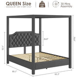 GarveeHome Upholstered Canopy Bed Frame Queen Size with Headboard, Button Tufted, Nailhead Trim Design, No Box Spring Required, Dark Grey(Shipped in 2 Boxes)