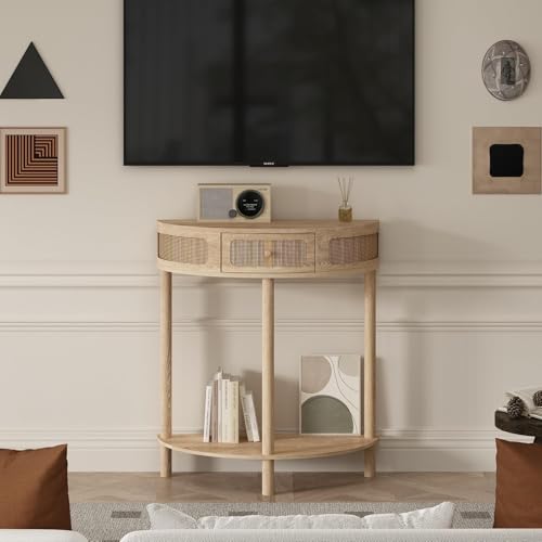 Wnutrees Rattan Half Moon Console Table, Modern Entryway Table with Drawer, Boho Sofa Table with Bottom Storage Shelf, Small Semicircular Tables for Hallway, Living Room, Natural Wnutrees