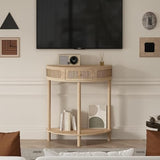 Wnutrees Rattan Half Moon Console Table, Modern Entryway Table with Drawer, Boho Sofa Table with Bottom Storage Shelf, Small Semicircular Tables for Hallway, Living Room, Natural Wnutrees