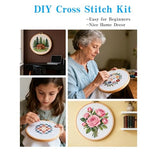 DIY Cross Stitch Kits Black Bear in Flowers Easy for Beginners 11CT Stamped Counted Cross Stitch with Hoop Needlepoint Embroidery Set Craft Wall Decor 20x20cm