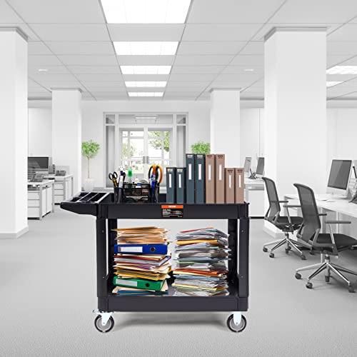 VEVOR Utility Service Cart, 2 Shelf 550LBS Heavy Duty Plastic Rolling Utility Cart with 360° Swivel Wheels (2 with Brakes), Large Lipped Shelf, VEVOR