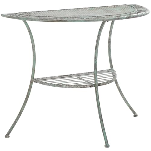 SAFAVIEH Outdoor Collection Genson Antique Dark Green Wrought Iron Half Moon Console Table SAFAVIEH