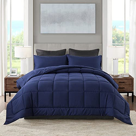 DOWNCOOL Blue Full Size Comforter Set - All Season Bedding with 2 Pillowcases - 3 Pieces - Down Alternative Comforter Set DOWNCOOL