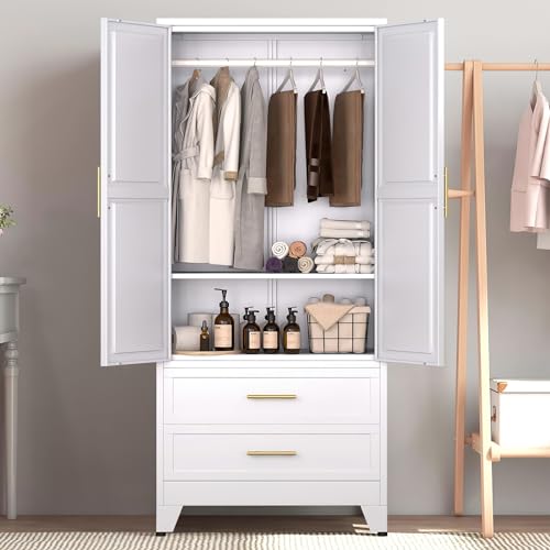 Anewome 71" Metal Armoire Wardrobe Closet with 2 Drawers, Freestanding 2-Door Tall Clothing Storage with Adjustable Shelves and Hanging Rod for Bedroom Dorm, White