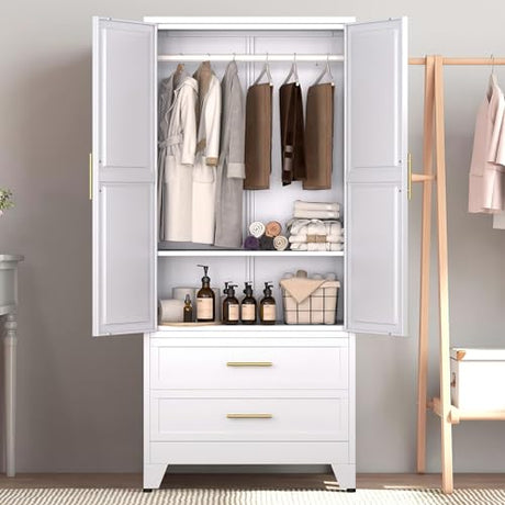 Anewome 71" Metal Armoire Wardrobe Closet with 2 Drawers, Freestanding 2-Door Tall Clothing Storage with Adjustable Shelves and Hanging Rod for Bedroom Dorm, White Anewome