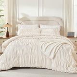 Andency Ruched Beige Queen Comforter Set, Shabby Chic Pleated Bedding Sets 3 Pieces, Lightweight Soft Boho Ruffle Bed Set for Girls, Kids, Women, All Season Andency
