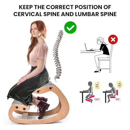 Easyego Kneeling Chair Ergonomic Posture Chair, Wood Adjustable Rocking Knee with Soft Padding, Natural Relief for Neck or Back Pain for Home Office, Max Load 300 lb - Gray Easyego
