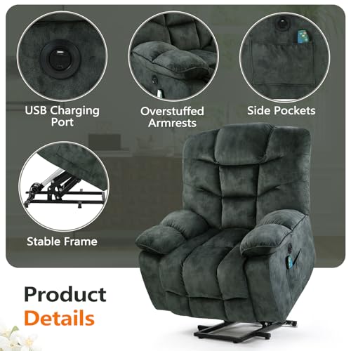 HAOMARKETS Oversized Power Lift Recliner with Massage and Heat for Elderly, Electric Lifting Reclining Chair with Side Pockets and USB Port for Living Room, Dark Green