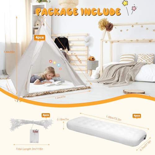 4 Pack Teepee Tent for Kids [Thickened] with Light String and Inflatable Airbed, Slumber Party Tents, Sleepover Tents Party for Girls Boys Indoor Outdoor (White) WOUDY