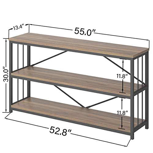 LVB Rustic Oak Industrial Console Sofa Table with 3-Tier Shelving for Entryway and Foyer LVB