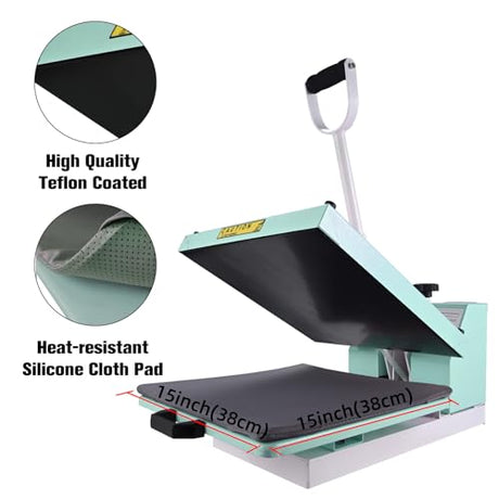 BetterSub 15x15 Heat Press Machine for T-Shirts, Industrial Sublimation & Heat Transfer – Digital LCD Control, Teflon Coated Surface, Clamshell Design, Safe Durable (Teal) BetterSub