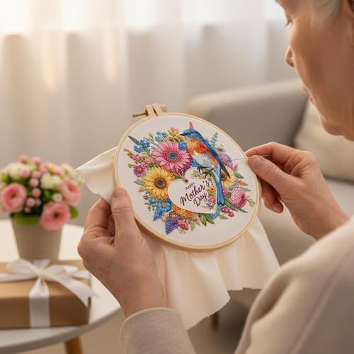 DIYDeligths Embroidery Kit for Beginners and Adults Mother's Day DIY Hand Cross Stitch Needlepoint Set with 7.87in/20cm Round Hoop (Bird)