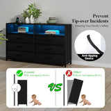 Loomie 6 Drawers Dresser with Power Outlets and LED Lights, Black Dresser with 2 Top Cubby, Tall Wide Fabric Double Chest of Drawers,Modern Dresser Tv Stand for up to 60" TV for Bedroom, Living Room Loomie