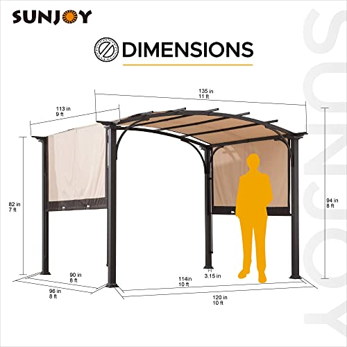 Sunjoy Outdoor Pergola 9.5 x 11 ft. Steel Arched Pergola with Adjustable Canopy for Patio, Backyard and Garden Activities, Tan & Brown