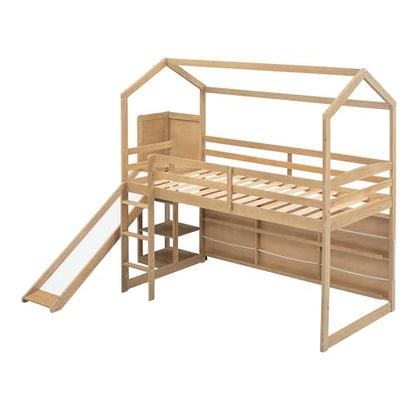 Harper & Bright Designs Kids Twin House Loft Bed with Slide, Storage Shelves, and LED Light - WoodArtSupply